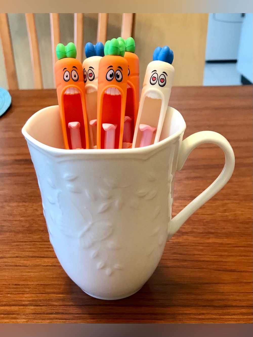 Playful Carrot Character Pens β Orange & White with Green and Blue Tops